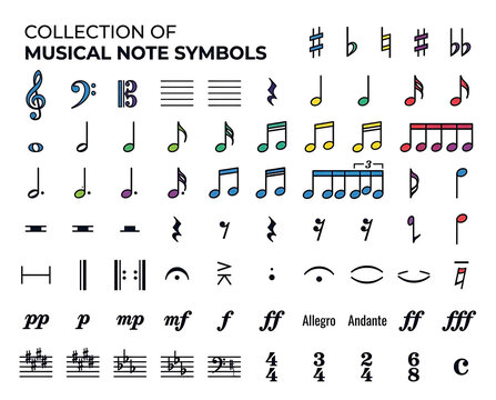 Collection of Musical Note Symbols and Symbols Used in Musical Notation and Scores
