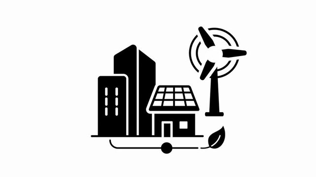 Animated Smart Eco City Icon. Renewable Energy Symbol. Simple Motion Graphic for Sustainable City, Solar Power, Wind Energy, Green Technology and Clean Environment.