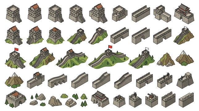 Collection of Pixel Art Fortress and Castle Elements in Isometric View Displaying Diverse Architectural Styles and Natural Settings