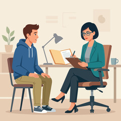 Obraz premium Psychologist consulting a young man in a modern office setting, flat design vector illustration.