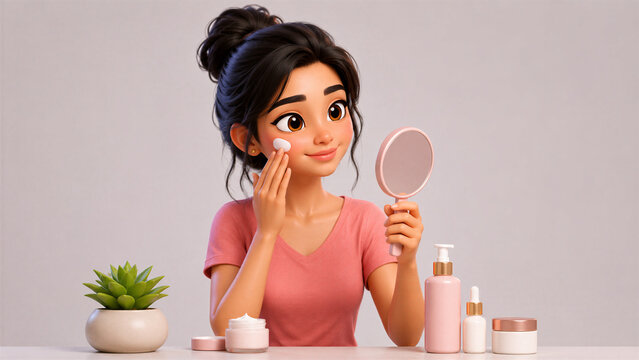 Young Woman Applying Face Cream During Skincare Routine 3D Character