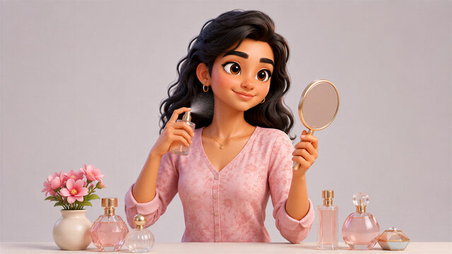 Cute Female Spraying Fragrance During Beauty Routine 3D Illustration