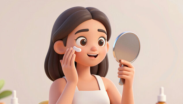 3D Character Cute Female Using Moisturizer While Looking in Hand Mirror