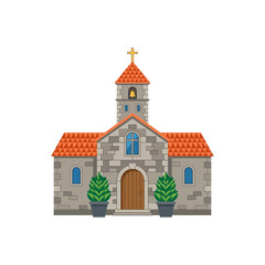 Fototapeta premium Traditional Stone Church Building With A Bell Tower And Red Tiled Roof Architectural Illustration