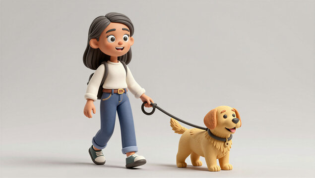 Young Woman Walking Happy Pet Dog on Daily Outdoor Walk 3D Character
