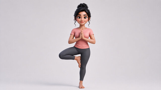 Cute Woman Practicing Tree Pose Yoga Balance Exercise 3D Character