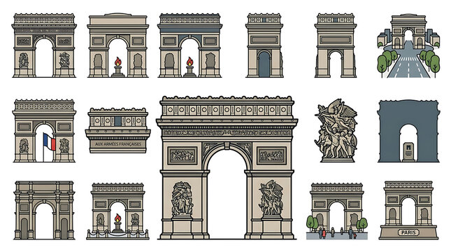 Collection of Pixel Art Representations of the Arc de Triomphe Monument in Paris France Diverse Styles and Angles