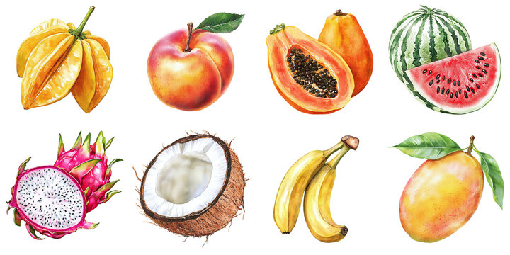 Set of watercolor fruits: peach, pomelo, watermelon, starfruit, coconut, dragonfruit, mango, banana, isolated on transparent background, template, mockup, cut out