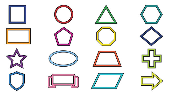 Collection of Pixelated Geometric Shapes Including Squares Circles Triangles Hexagons Stars Rectangles Ovals and More Against a White Background Representing Basic Forms and Digital Artistry