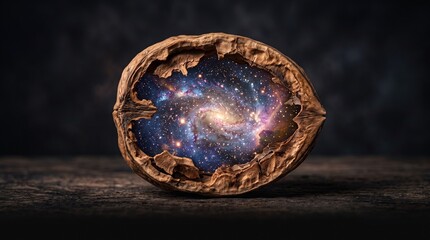 Naklejka premium Cosmic Galaxy Shimmering Within a Cracked Walnut Shell, Universe Concept on Wood.