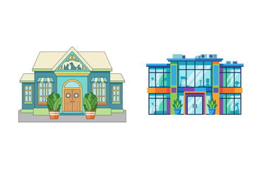 Naklejka premium Colorful cartoon town buildings vector set, including vintage and modern architecture icons