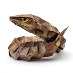 Fototapeta premium Intricate Brown Paper Origami Snake Sculpture Isolated On White Background