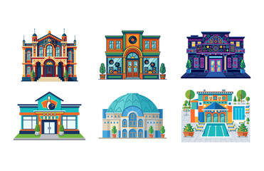 Naklejka premium Collection of Various Stylized Architectural Building Icons for Cityscape Design Elements
