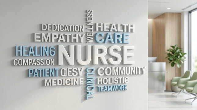 Inspiring nurse word cloud displaying core values and professional concepts on a modern wall