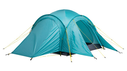 Turquoise dome tent with yellow guy lines and dark grey floor © Peregrine