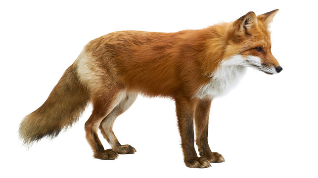 Red fox standing profile view with white chest and tail tip
