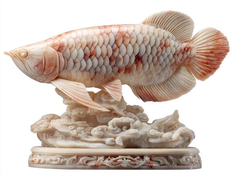Intricate Hand Carved Arowana Fish Sculpture On Decorative Ornate Base Against Plain White Background