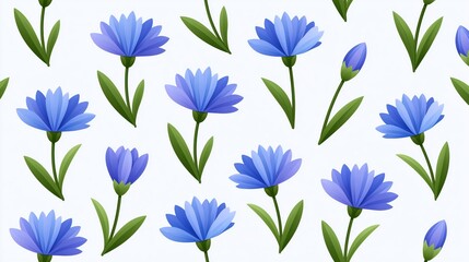 Fototapeta premium Seamless pattern of blue cornflowers on white background for decorative wallpaper and textile design illustration