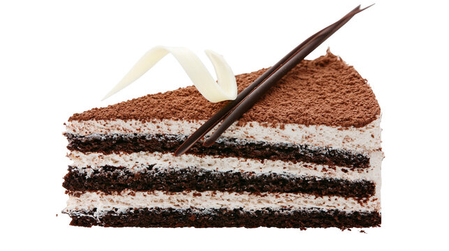 Layered chocolate cake slice with cream and cocoa powder