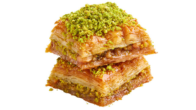 Sweet layered baklava pastry with chopped pistachios