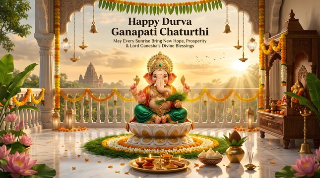 Lord ganesha statue decorated with durva grass for ganapati chaturthi celebration