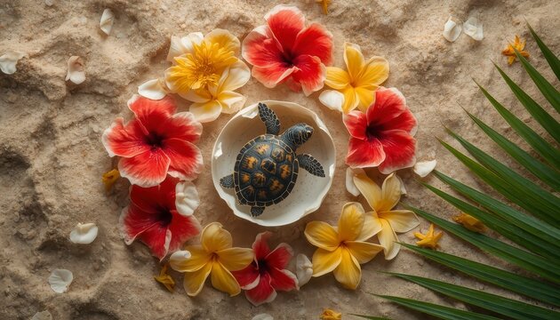 Tiny sea turtle hatchling emerging from shell in a ring of tropical hibiscus and frangipani flowers on sand top down botanical flat lay