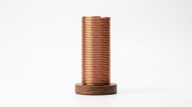 Standing copper wire coil sculpture, solenoid electromagnetism physics concept