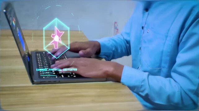 Programmer typing laptop keyboard activates cybersecurity technology protection executing network data system automation for digital malware threat isolation inside safety cube.