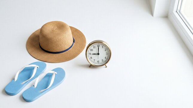 Daylight Saving Time Begins: Analog Clock, Sun Hat & Thongs Flat Lay for Seasonal Promotion