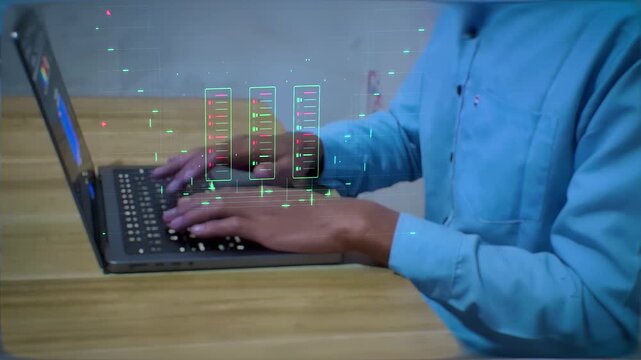 Programmer typing laptop keyboard protect server rack cloud infrastructure database network cyber security technology cyberattack prevention system interface data hosting center.