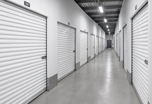 Modern self storage facility corridor featuring secure metal roll up doors, clean organized rental units, commercial warehouse interior, inventory management, and storage solutions.