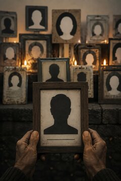 Hands Holding Portrait Frame With Human Silhouette Among Row of Missing Person Placards &mdash; Enforced Disappearance Memorial Concept