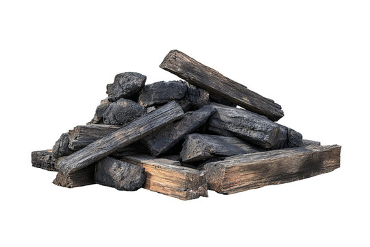 Burnt wooden planks and rubble pile with charred timber and scattered debris, isolated PNG on transparent background