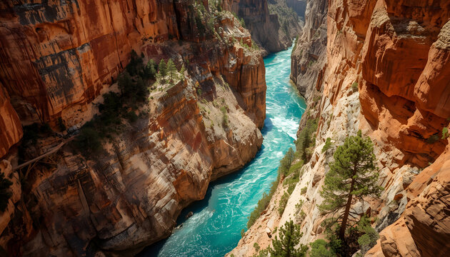 A scenic landscape photography shot looking down into a deep river canyon