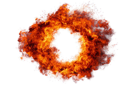 Circular explosion fire ring with bright orange flames and glowing sparks, isolated PNG on transparent background