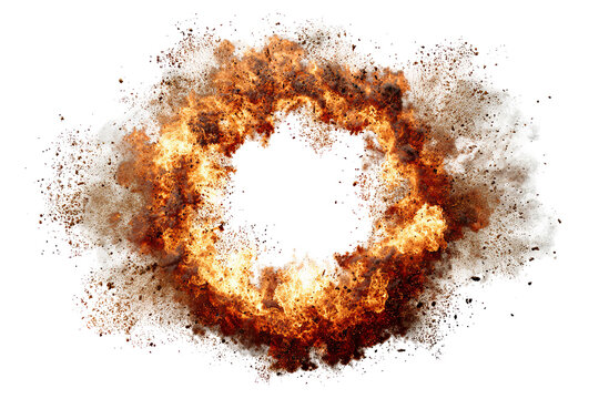 Circular explosion fire ring with bright orange flames and glowing sparks, isolated PNG on transparent background