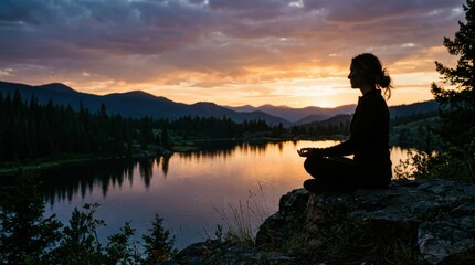 Fototapeta premium Silhouette of a person finding mental peace in quiet nature, meditative practice by a serene mountain lake at golden sunset.