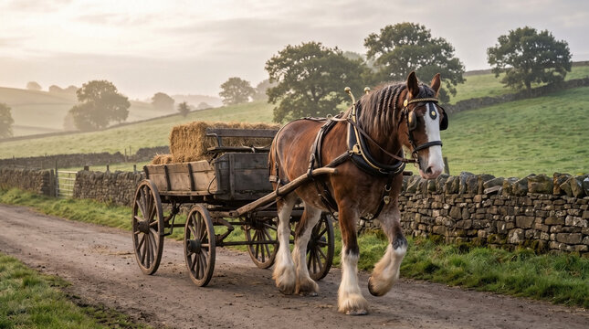 Clydesdale horse pulling wooden wagon with hay bales on a misty rural countryside road for agricultural heritage blogs, traditional farming education, and farm life websites.