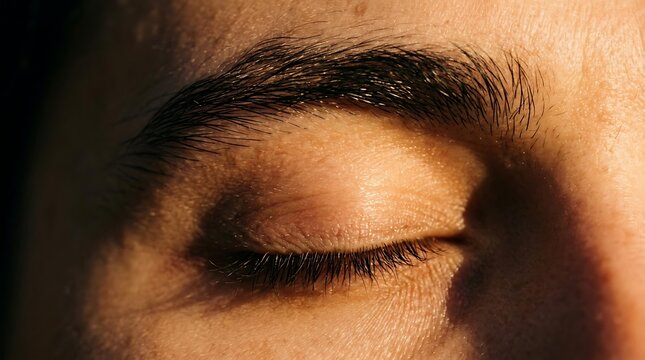 Macro of a closed eye featuring detailed skin texture in warm light, a peaceful closed eye during sunset for wellness, and a natural closed eye for skincare and dermatology.
