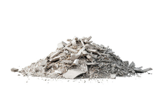 Concrete slab debris pile with broken gray rubble and rough texture, isolated PNG on transparent background