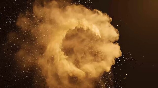 Golden Dust Cloud Explosion: A dramatic explosion of golden dust particles against a dark background creates a mesmerizing, abstract vortex of motion and energy.