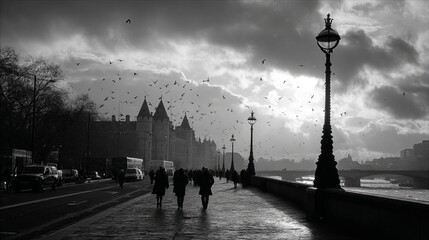 Obraz premium Eerie London cityscape with silhouettes and dramatic sky.