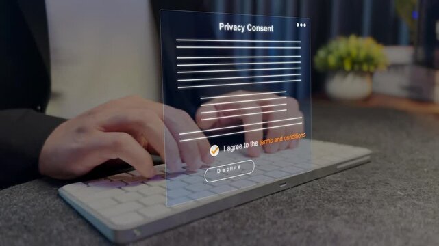 Legal team member reviewing a digital privacy consent form and terms conditions document on a web interface. agreement compliance, data protection policy, and legal regulations.