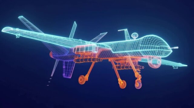 A futuristic 3D wireframe model of a military drone rendered in blue and orange hues against a dark, speckled background. ..Created with Generative AI, not depicting real subjects.