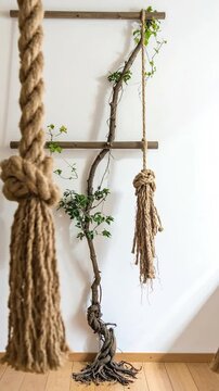A twisted tree branch hangs with thick ropes in a room