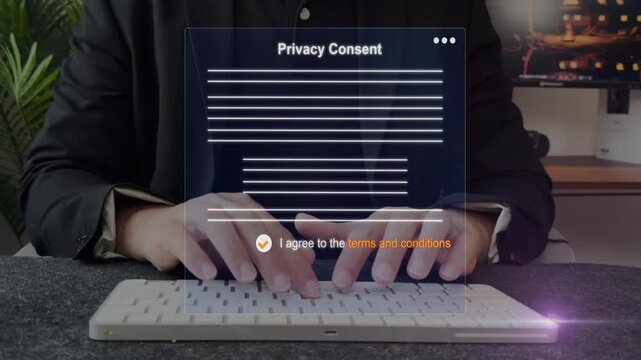 Legal team member reviewing a digital privacy consent form and terms conditions document on a web interface. agreement compliance, data protection policy, and legal regulations.