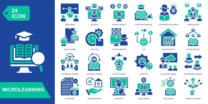 Microlearning Solid Icon Set. Featuring bite-sized lessons, mobile learning, quick courses, and skill development. Vector icons for e-learning platforms and education apps.