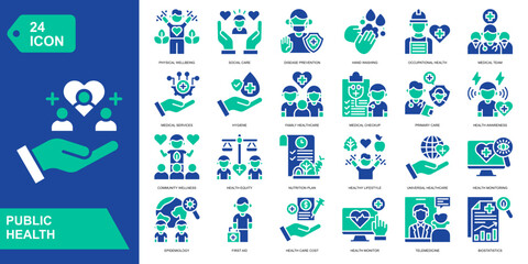 Fototapeta premium Public Health Solid Icon Set. Featuring disease prevention, community wellness, vaccination, and health awareness. Vector icons for healthcare services and government programs.
