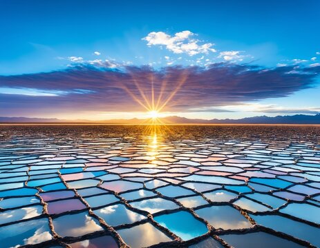 Stained glass window art of Salar de Uyuni salt flat reflecting the sky
