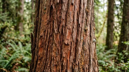 Fototapeta premium Close up of a textured redwood tree trunk in a lush green forest with ferns.